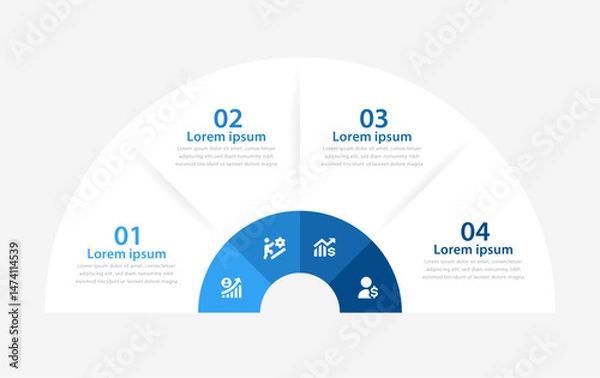 Fototapeta Semi Circular Business Infographic with Four-Step Growth Strategy and Data Icons