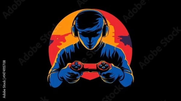 Fototapeta The black background minimalist game logo art silhouette creates a modern and mysterious aesthetic, as if peeking into a moment of concentration of a gamer enjoying his world.