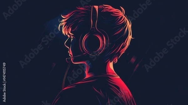 Fototapeta The black background minimalist game logo art silhouette creates a modern and mysterious aesthetic, as if peeking into a moment of concentration of a gamer enjoying his world.