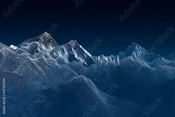 Obraz A virtual landscape featuring digital mountains and valleys in a wireframe design symbolizes virtual topography and digital environments with a sci-fi tone and technology