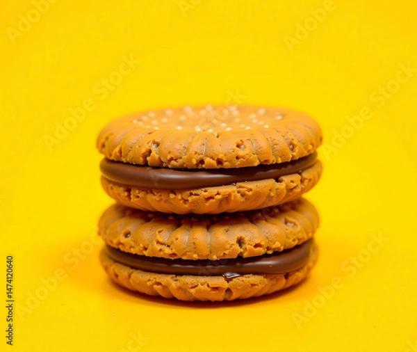 Fototapeta Chocolate Chip Cookies Sandwich with Cream Filling on Yellow Background