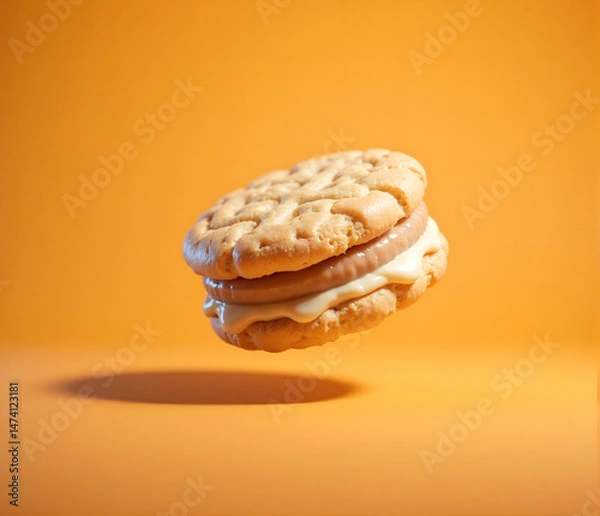 Fototapeta Chocolate Chip Cookies Sandwich with Cream Filling on orange Background