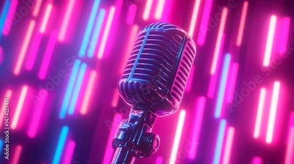 Obraz Retro microphone against vibrant neon lights