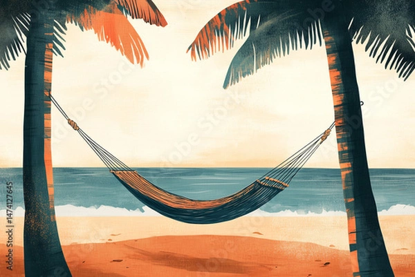 Obraz A peaceful depiction of a hammock hanging between palm trees on a sandy shore with the ocean in the background, perfect for conveying summer relaxation and tropical getaways.