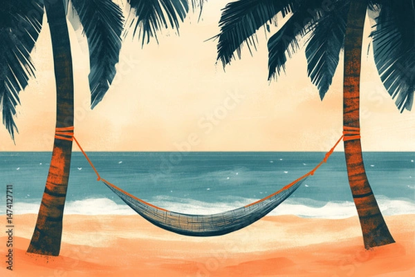 Obraz A peaceful depiction of a hammock hanging between palm trees on a sandy shore with the ocean in the background, perfect for conveying summer relaxation and tropical getaways.