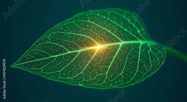 Obraz Microscopic Close-up of a Vibrant Green Leaf, Revealing Intricate Vein Structure and Glowing Energy