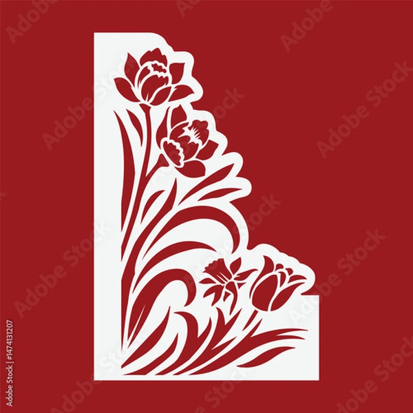 Fototapeta Vertical floral element with tulips and daffodils, paper cutout stencil