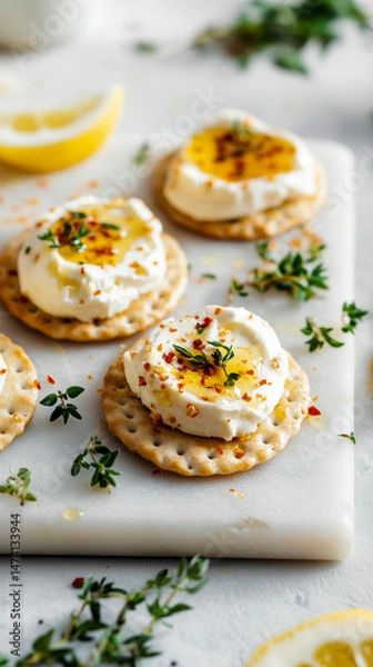 Fototapeta Crispy mini crackers topped with cream cheese, honey and chili flakes, styled on a marble slab with fresh herb sprigs and lemon slices.