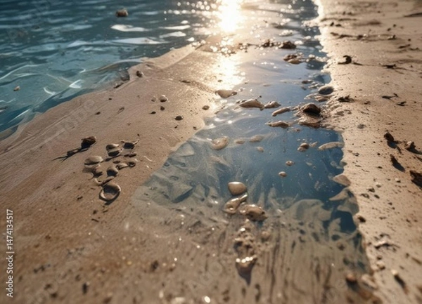 Obraz Muddy footprints and water splashes in a swimming pool, reflecting sunlight ,  pool,  glare,  clay