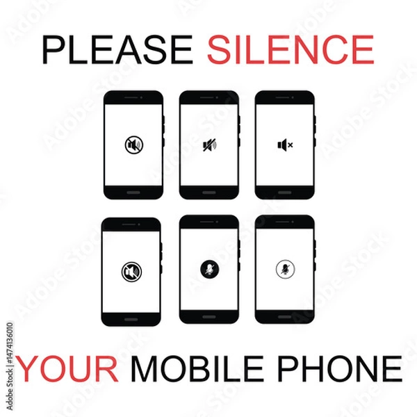 Fototapeta Phone off icon. Sign of mobile ban. Forbidden use cellphone, sound. Stop call symbol in smartphone. Zone of mute telephone. Switch on quiet. Strikethrough device in cinema and danger area. Vector.
