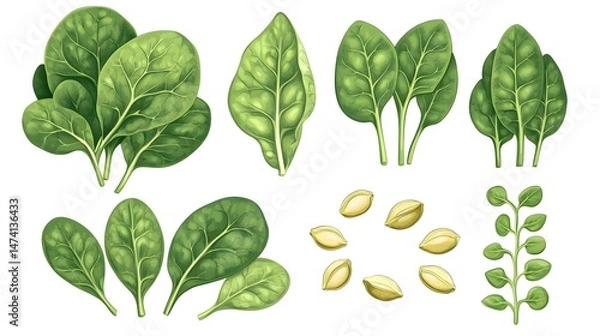 Fototapeta Clipart showcasing whole spinach leaves alongside spinach seeds on a clean white background, perfect for educational use.