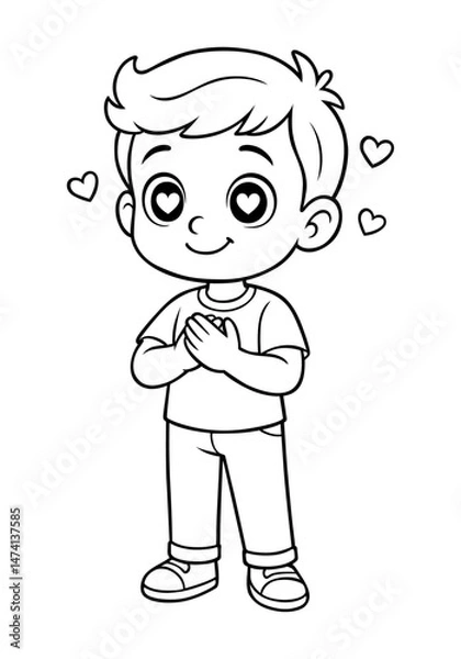 Obraz Cartoon boy character with heart eyes and hands on chest showing love or admiration in black and white line art vector