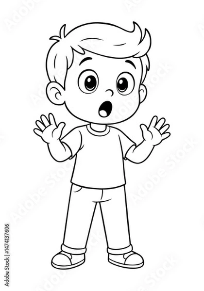 Obraz Cartoon boy character with surprised expression and raised hands in black and white line art