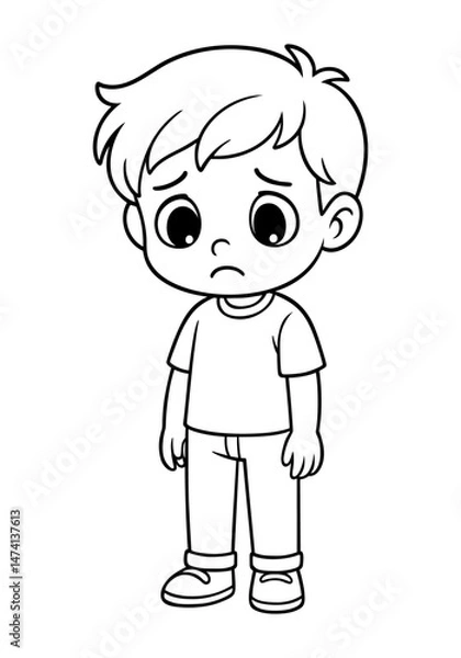 Obraz Cartoon boy character looking sad with slouched posture and downcast eyes in black and white line art