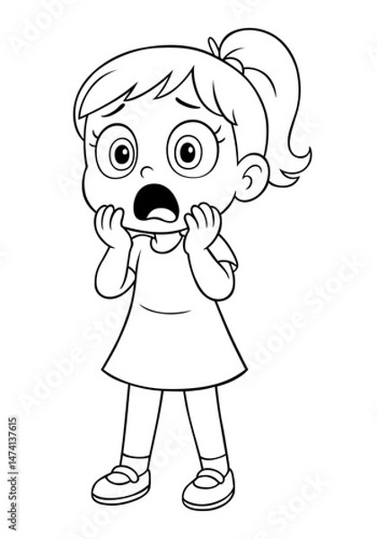 Obraz Cartoon girl character showing a scared expression with wide eyes and hands on face in black and white line art