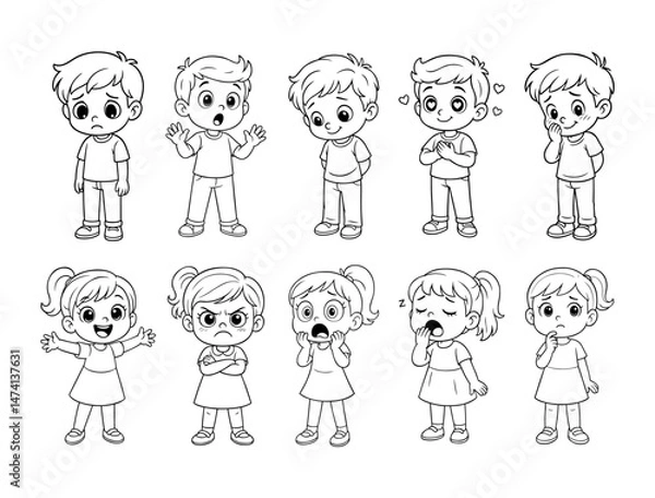 Obraz Kids Emotions Line Art Set. Collection of cartoon boy and girl characters expressing various emotions like sadness, surprise, love, anger, fear, and happiness in black and white line art vector