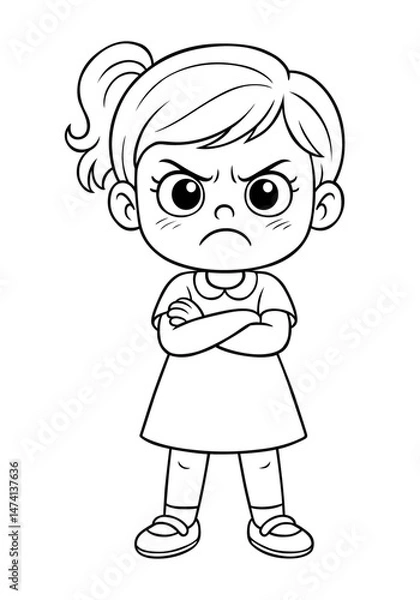 Obraz Cartoon girl character showing angry expression with crossed arms in black and white line art