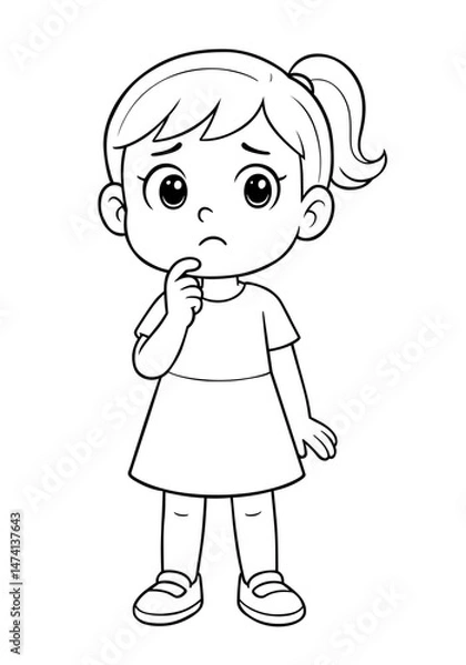 Obraz Cartoon girl character looking confused with hand on chin in black and white line art style