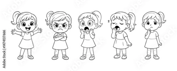 Obraz Set of cartoon girl characters expressing different emotions including happy, angry, scared, sleepy, and confused in black and white line art vector