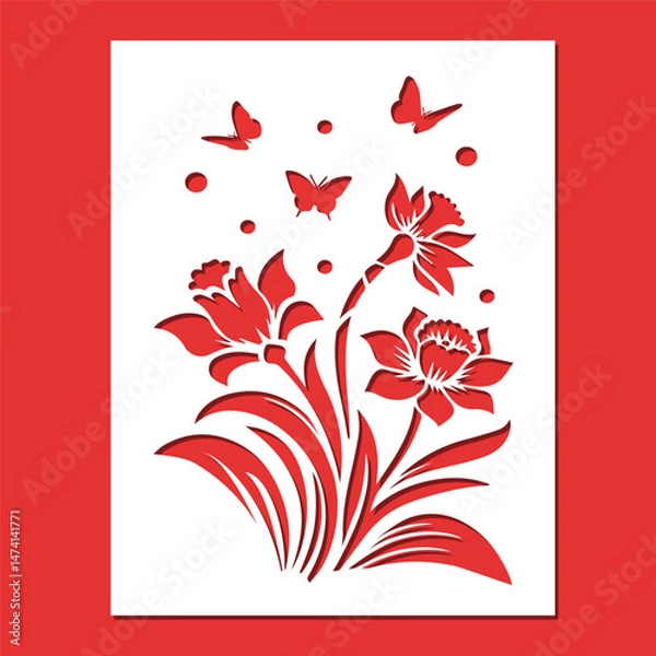Fototapeta Postcard with cut-out bouquet of daffodils and butterflies. Cut file
