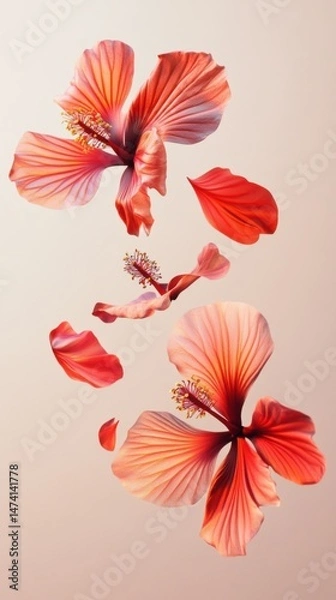 Fototapeta Floating Hibiscus Flowers with Falling Petals on Soft Background Artistic Composition