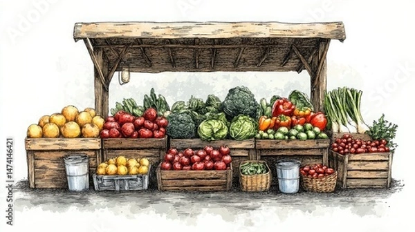 Fototapeta A watercolor illustration of a farmers market stand filled with various fruits and vegetables in crates