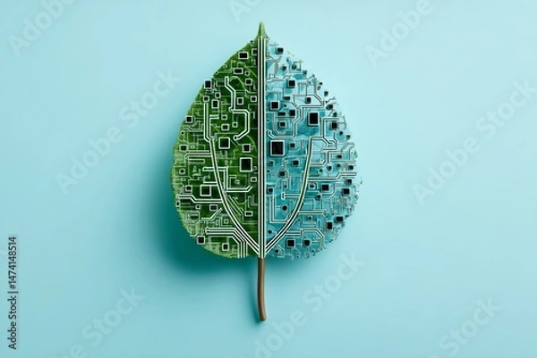 Fototapeta The blend of technology and nature is evident in circuit-designed leaves