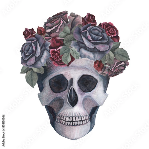 Obraz Scull with roses wreath gothic magical texture isolated on white background. Watercolor hand drawn day of the dead sketch illustration. Art for design mystical halloween witch decoration, scary card