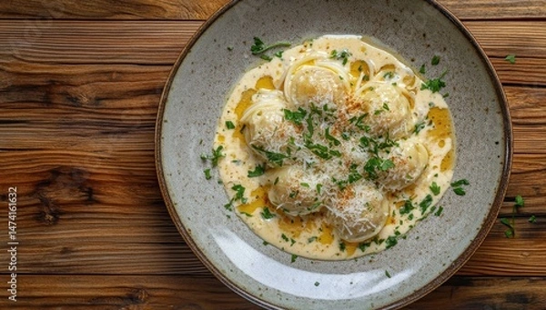 Fototapeta Creamy, cheesy dumplings served in a light sauce