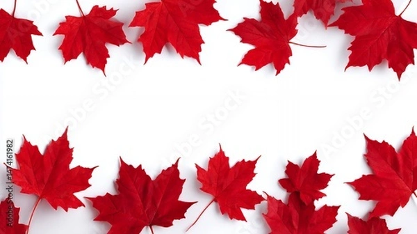 Fototapeta A row of red maple leaves arranged on a white background