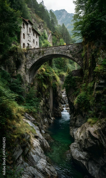 Fototapeta Stone bridge across river in Verzasca Valley, Switzerland, with scenic view and old architecture