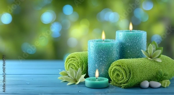 Fototapeta A blue background representing a spa and wellness atmosphere is adorned with candles, towels, and plants, and finished with a blurred bokeh effect