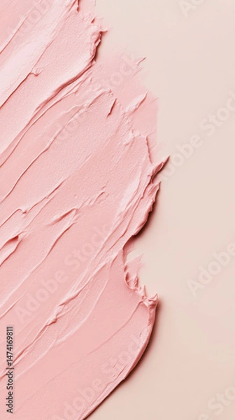 Fototapeta Close-up of smooth pink cosmetic cream or makeup foundation smeared on a soft beige background. Generative AI