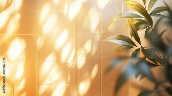 Fototapeta Sunlight streams through leaves onto a tiled wall