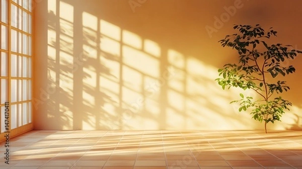 Fototapeta Sunlit, minimalist room with a small plant
