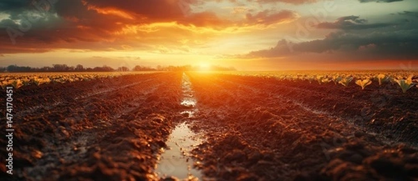 Fototapeta Sunset over a freshly tilled field