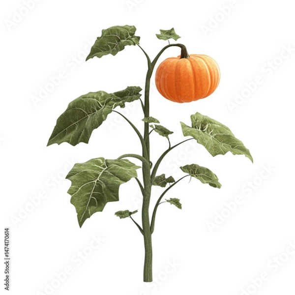 Fototapeta Small pumpkin growing on a vine with colorful striped background