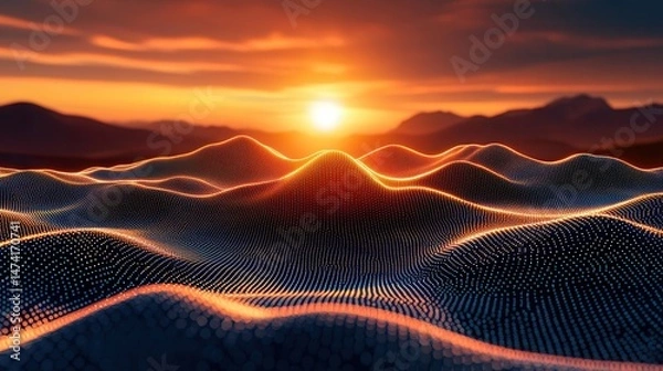 Fototapeta Sunset over undulating digital terrain