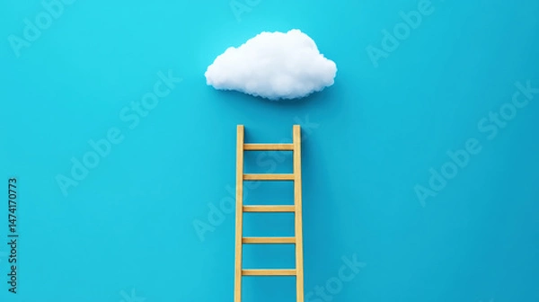 Fototapeta Wooden ladder reaching fluffy white cloud, blue background. Concept of dreams, goals, success, ambition. Generative AI