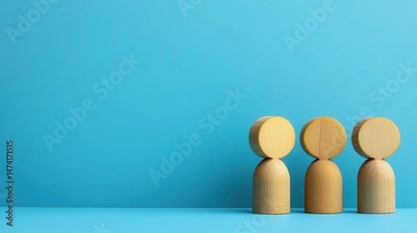 Fototapeta Three wooden figures against a light blue background