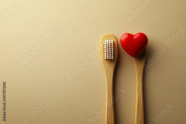 Fototapeta Two bamboo toothbrushes and a red heart-shaped object, suggesting dental care and health
