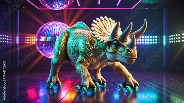 Obraz Colorful dinosaur on roller skates dancing under disco lights at a vibrant indoor party