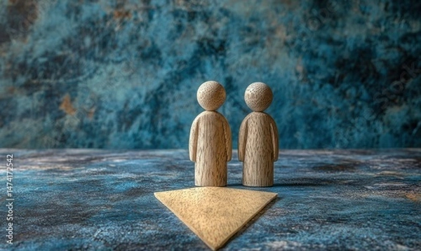 Fototapeta Two wooden figures facing a golden arrow