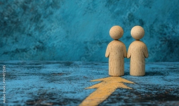 Fototapeta Two wooden figures facing a yellow arrow