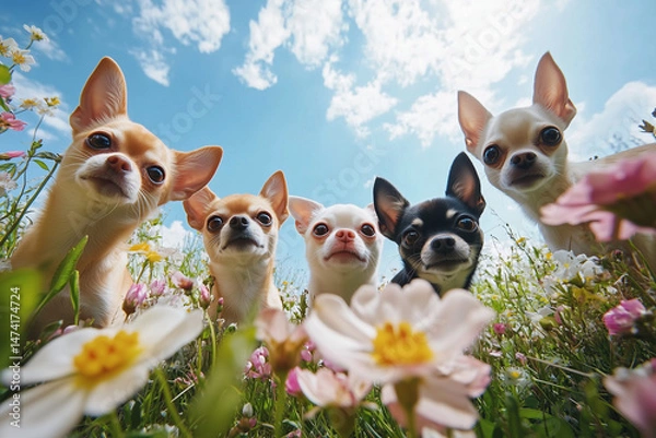 Obraz chihuahua puppy and flowers. cat and flowers. cat and kitten. Cats looking down into the camera, perspective from below. Outdoor photography. Soft natural daylight
