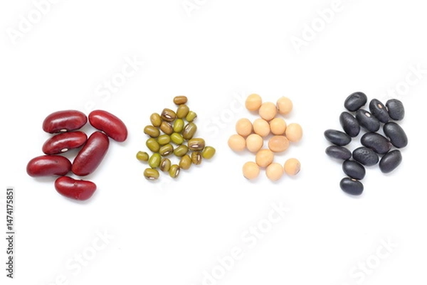 Fototapeta beans on white background, Top view of Red beans black beans soybean with mung bean isolated on white, isolated of Red beans black beans soybeans with mung bean