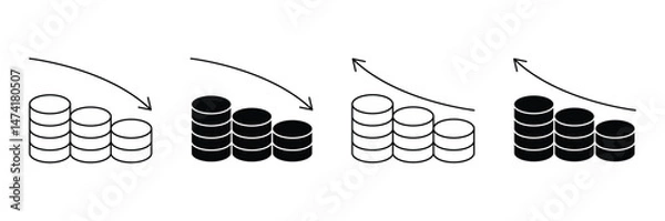 Fototapeta Set of increase and decrease icon collection. Profit, stock market, growth, fall, arrow up symbol. Vector Illustration.