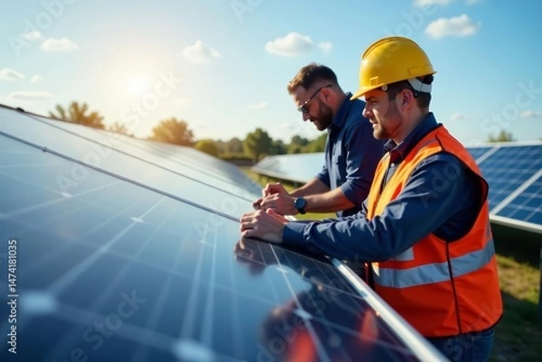 Obraz Close-up of engineers inspecting solar panels, renewable energy, maintenance, technician