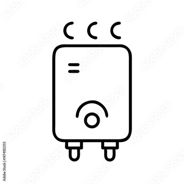 Obraz black and white icon of wall-mounted electric water heater with steam lines and temperature dial, minimal outline plumbing appliance, isolated vector symbol