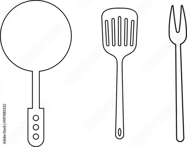Fototapeta Frying pan grilling utensils kitchen spatula tool icon set vector collection isolated on transparent background. Silhouette symbol. Kitchen utensils for cooking food design for web and app.